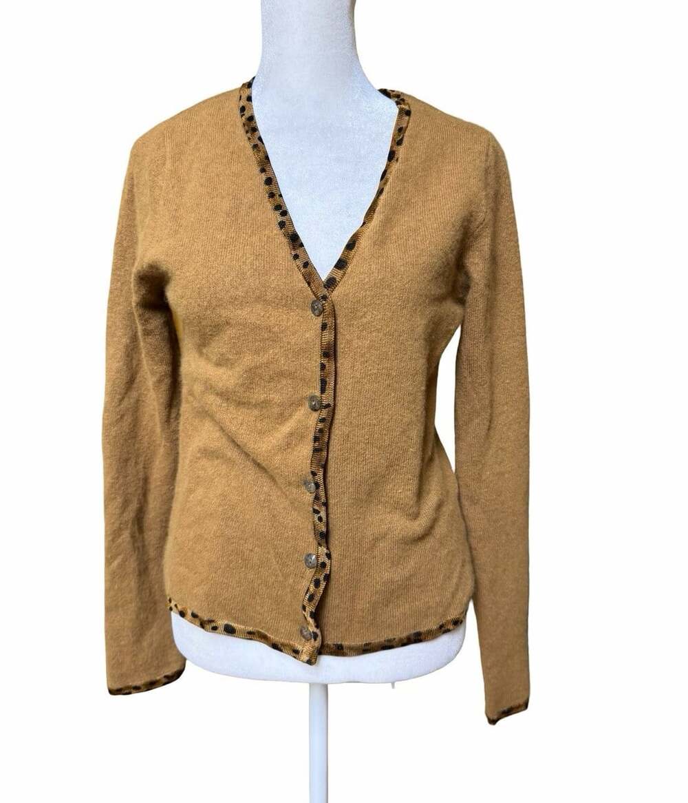 Carole Little Women’s S Lambswool Angora Cardigan Camel Brown Animal Trim